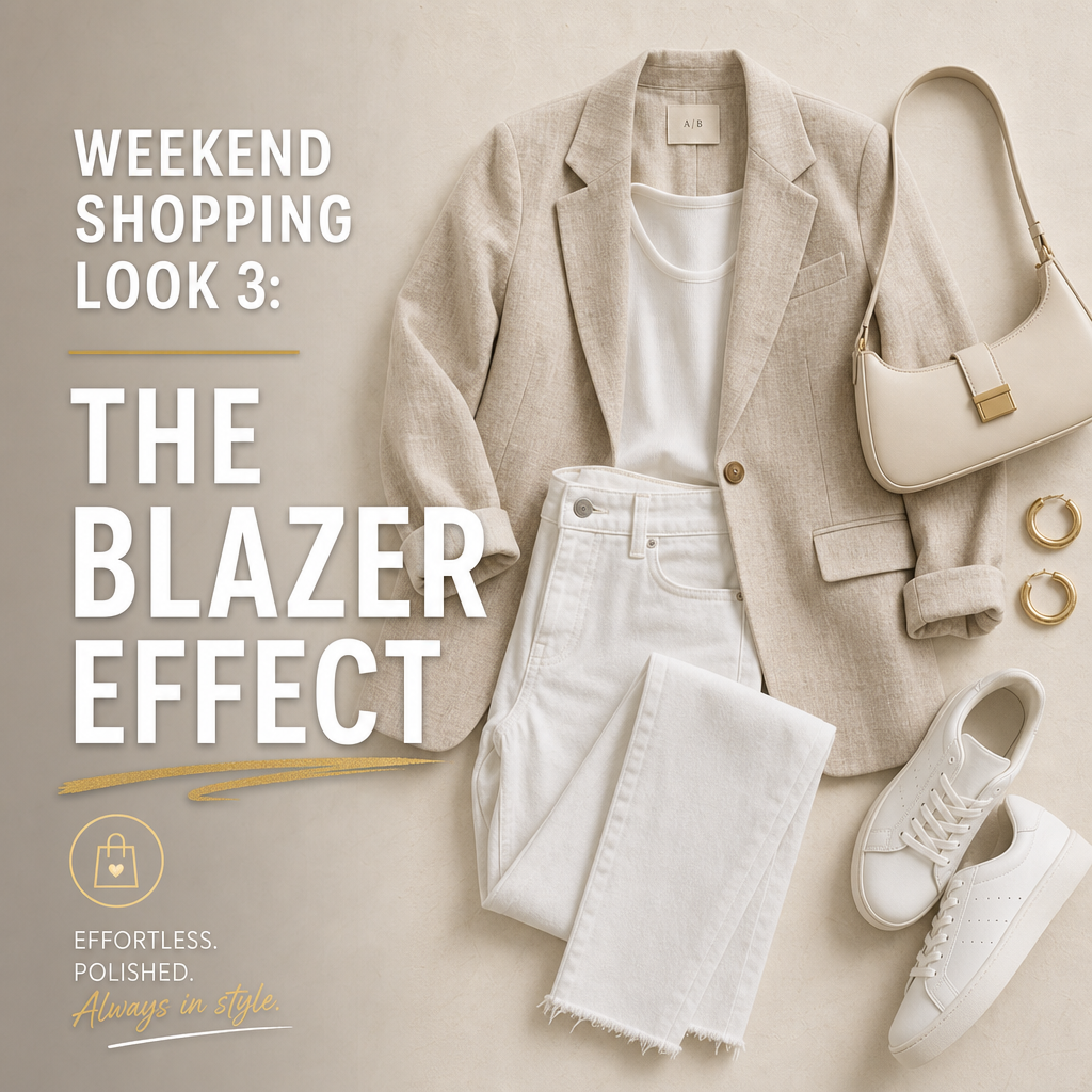 Weekend shopping outfit — blazer jeans sneakers summer casual chic