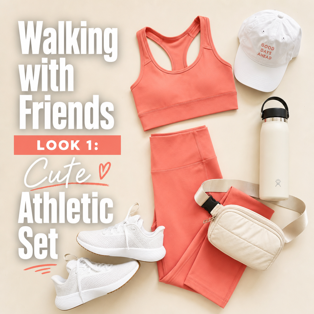 Walking with friends outfit — athletic set sneakers water bottle summer