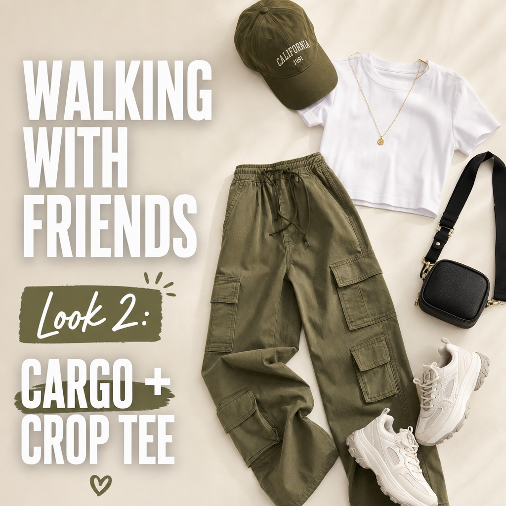 Walking with friends outfit — cargo pants crop tee sneakers casual summer