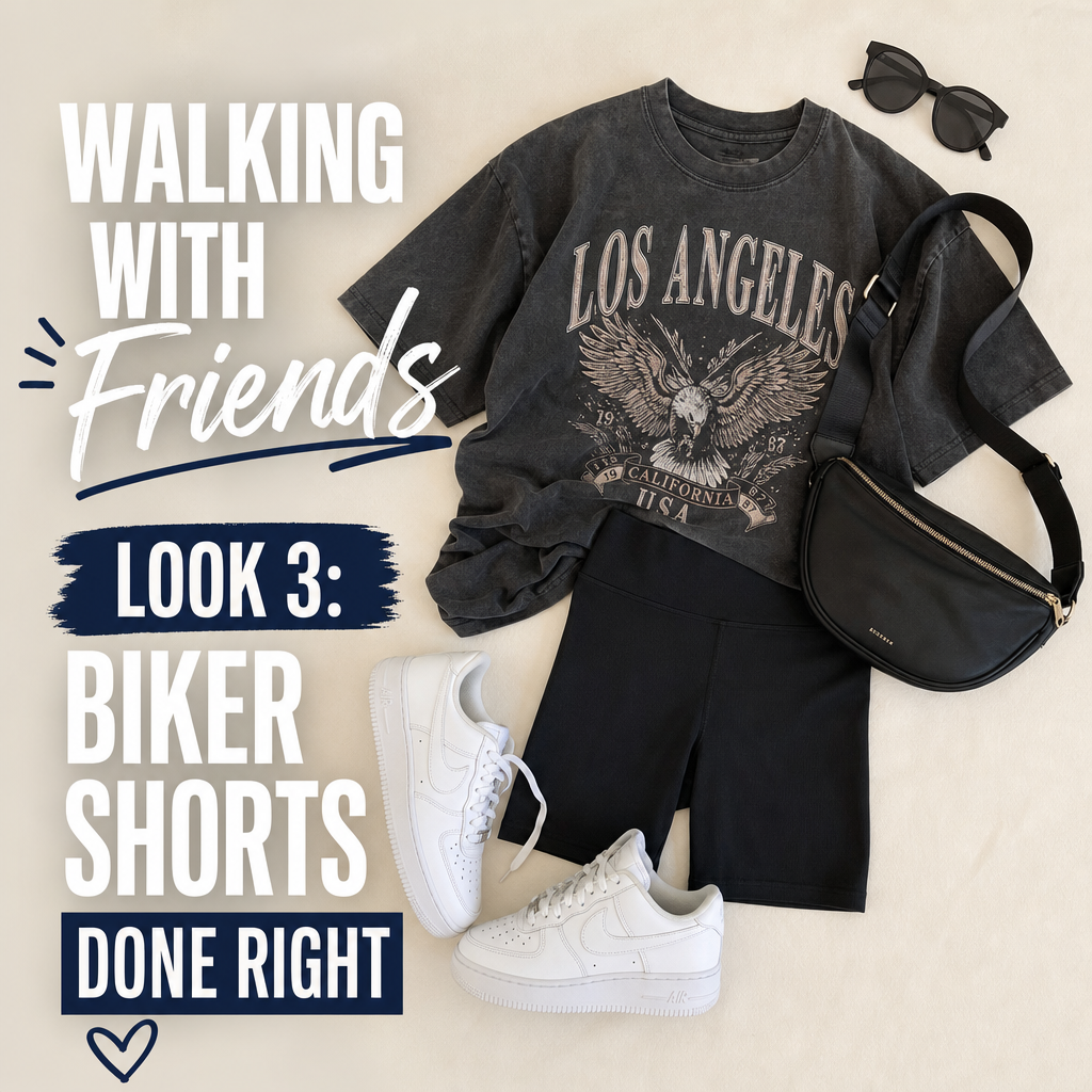 Walking with friends outfit — biker shorts oversized tee sneakers summer