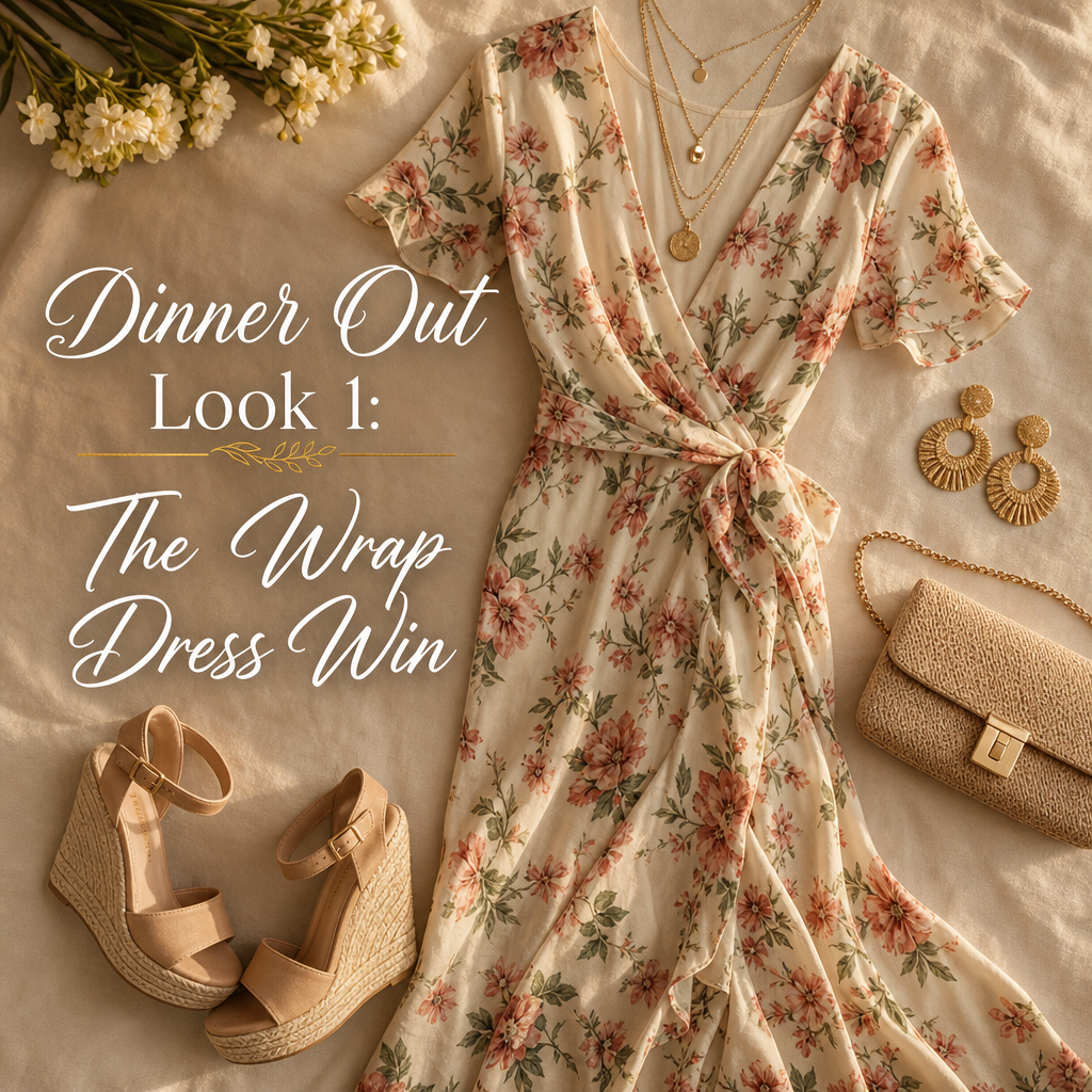 Summer dinner out outfit — wrap dress wedges gold jewelry evening look