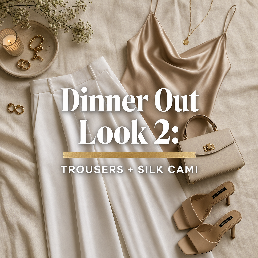 Summer dinner out outfit — wide leg trousers silk cami heeled mules evening
