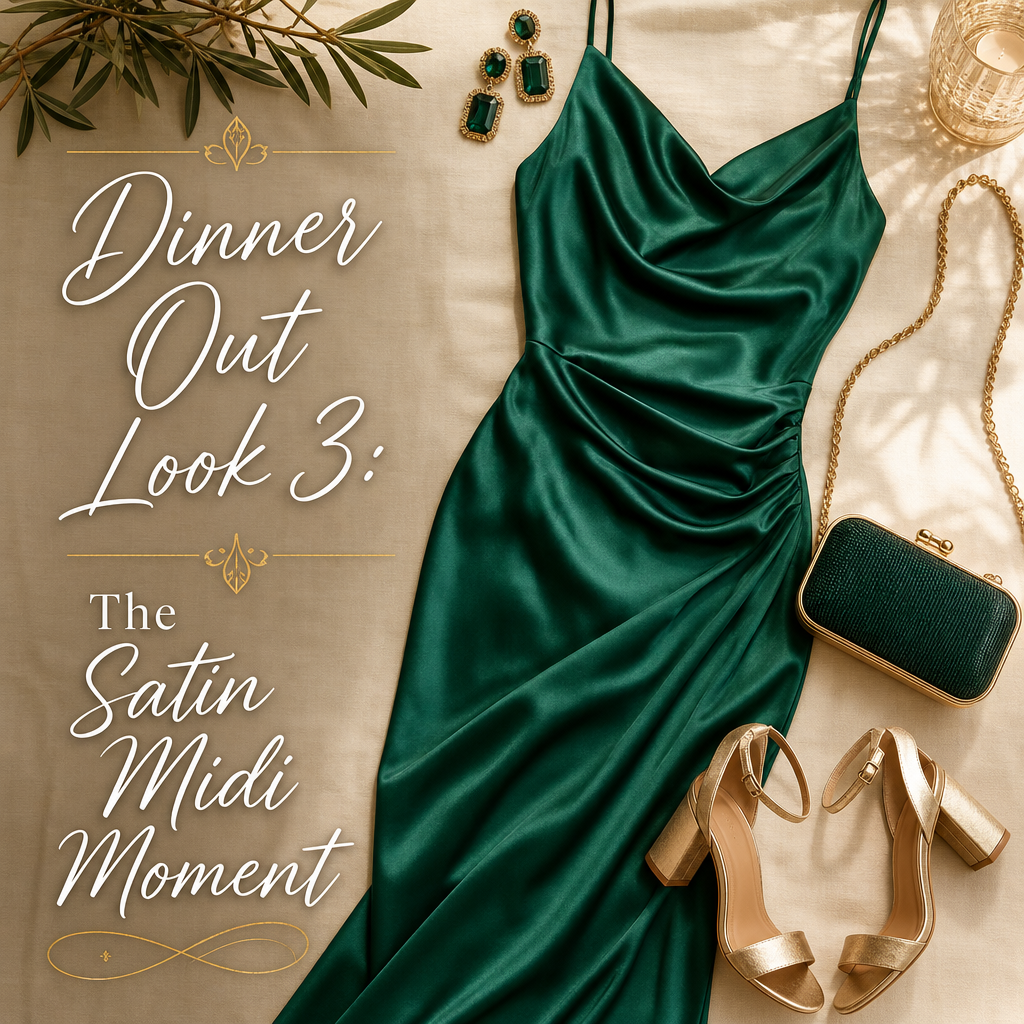 Summer dinner out outfit — satin midi dress block heels statement earrings evening