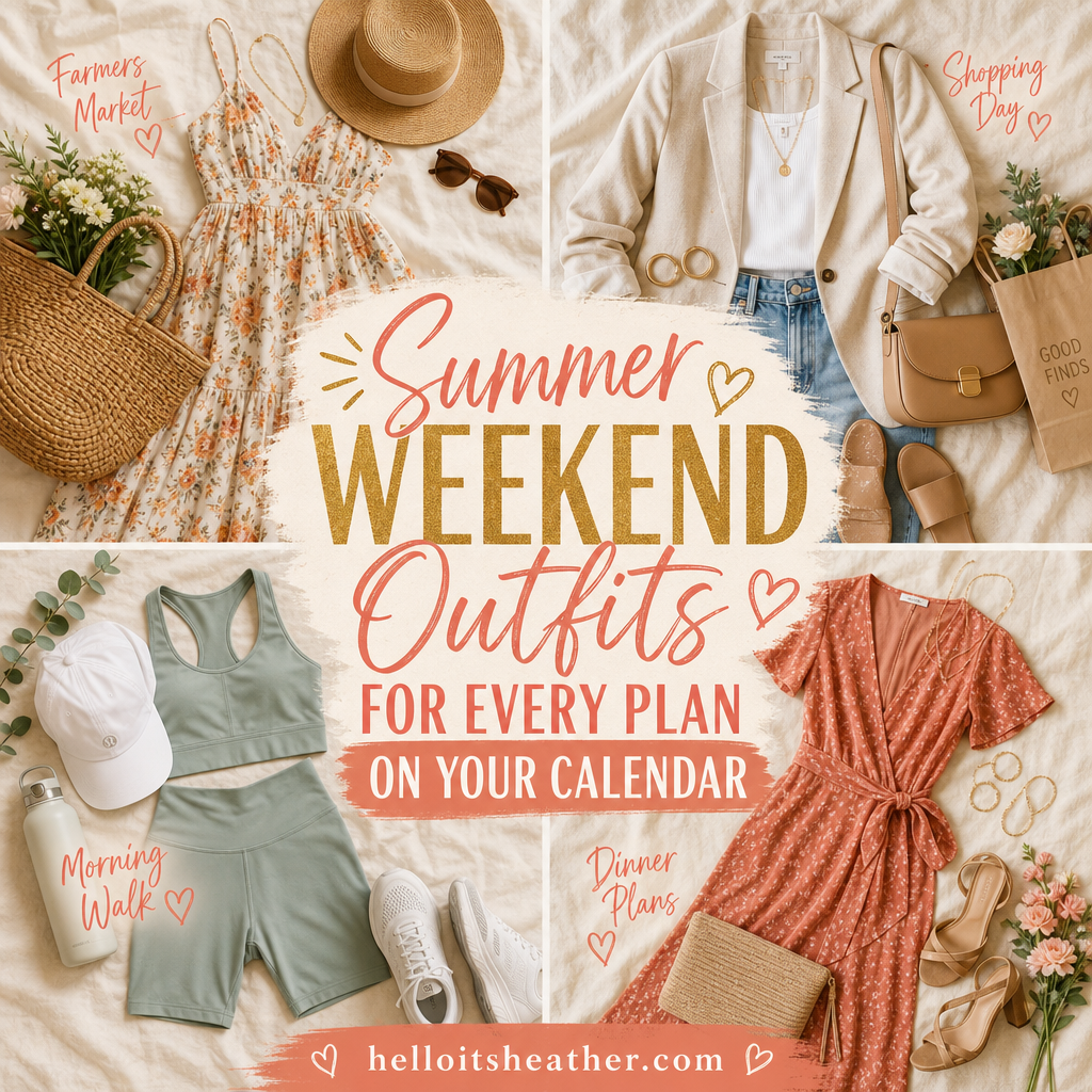 Pinterest pin — Summer Weekend Outfits Every Plan helloitsheather.com