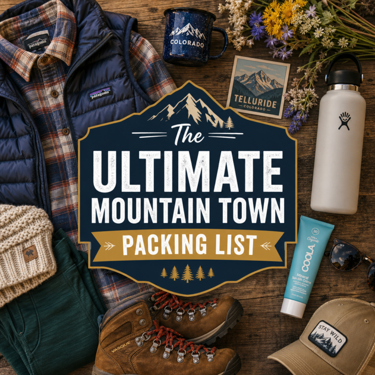 Mountain town packing list hero — what to pack for a mountain vacation