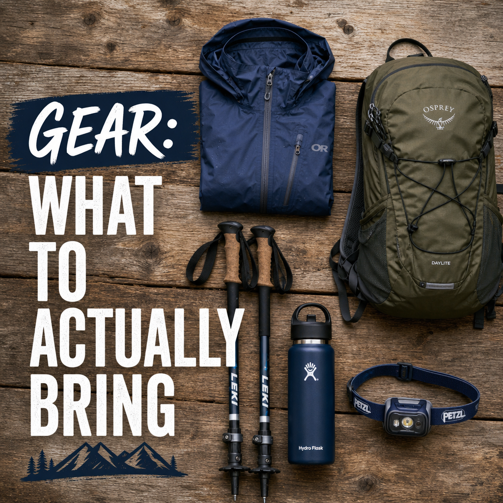 Mountain town gear packing — daypack rain jacket outdoor accessories