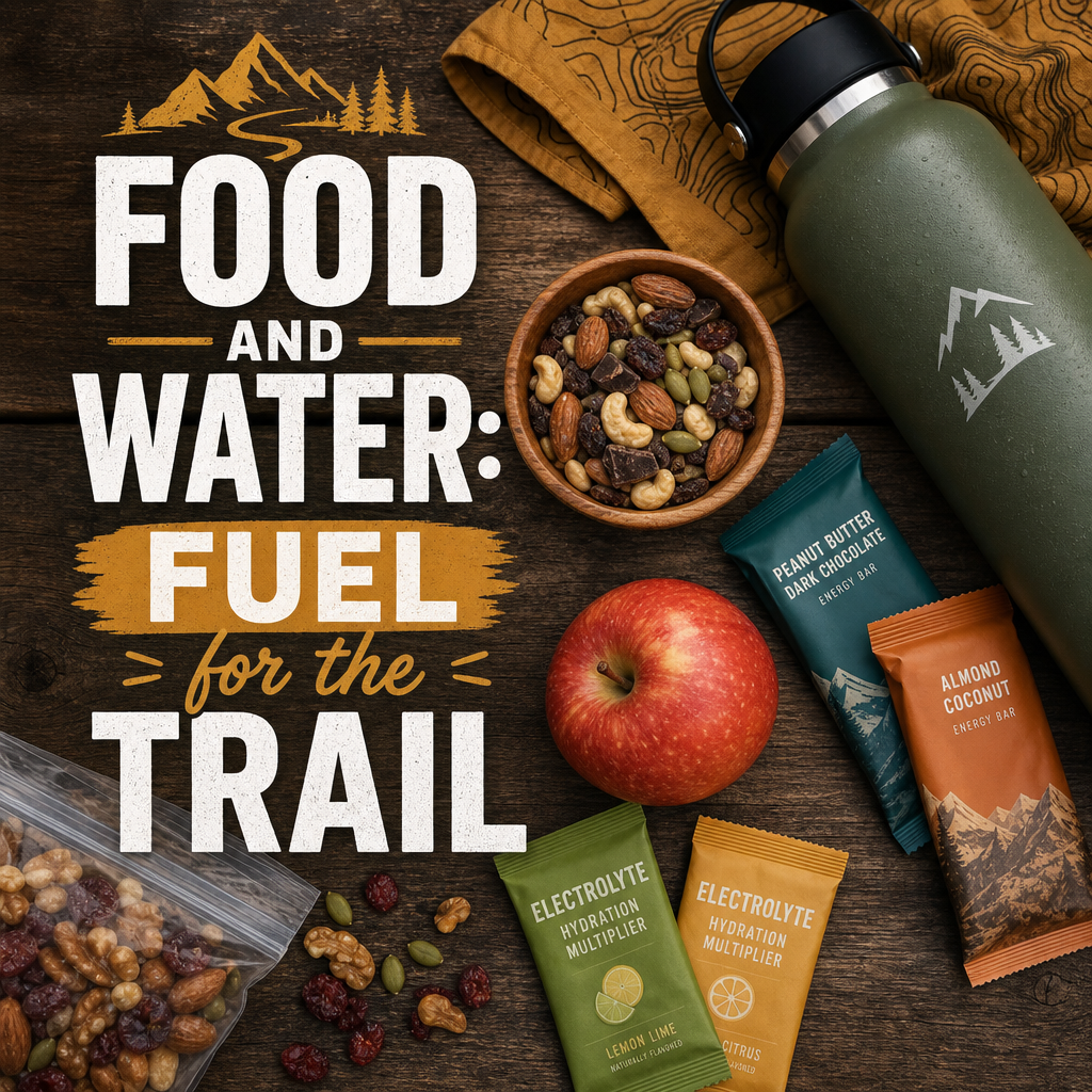 Hiking food and water — trail snacks water bottle energy bars hydration