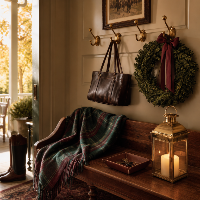 Ralph Lauren-inspired fall entryway with plaid throw, brass hooks, and boxwood wreath