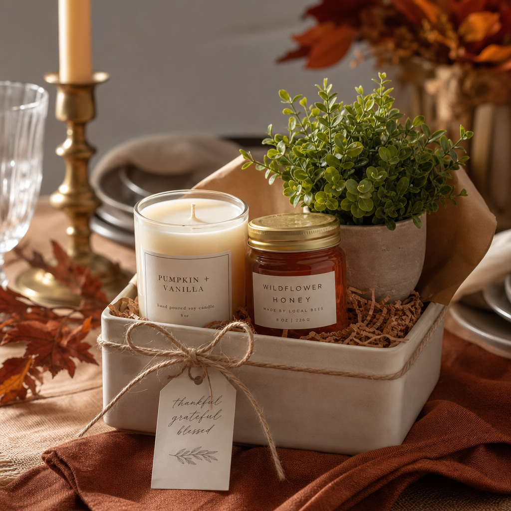 Styled fall hostess gift arrangement with a candle, pantry jar, and small potted plant on a table