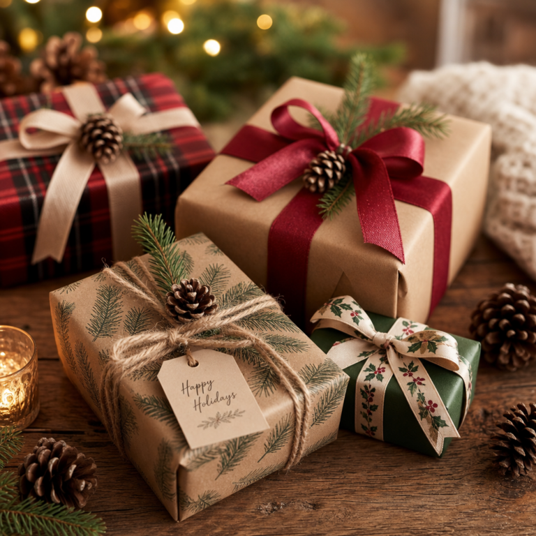 Wrapped holiday gifts on a wood table