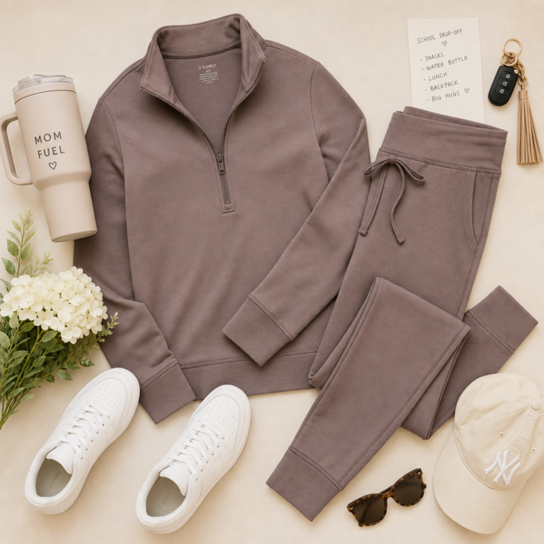 Casual put-together mom outfit flat lay