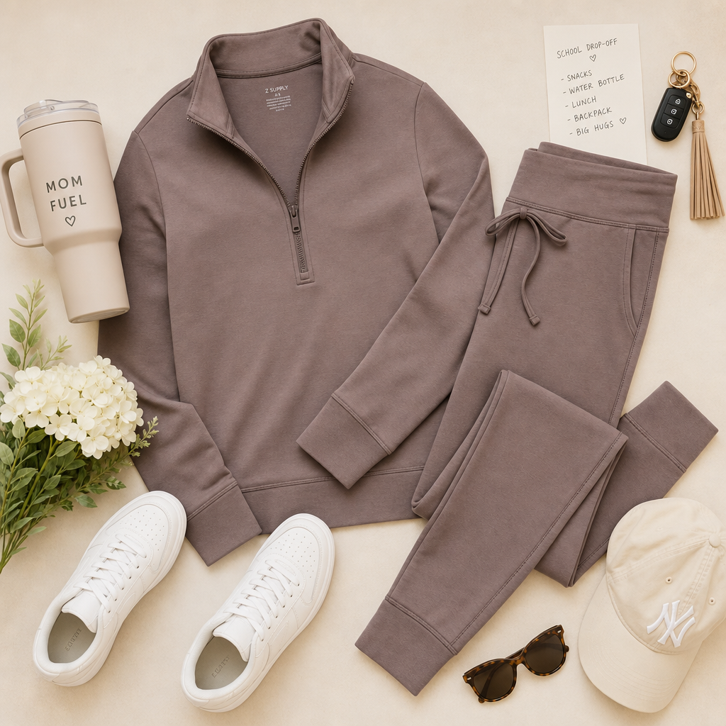 Casual put-together mom outfit flat lay