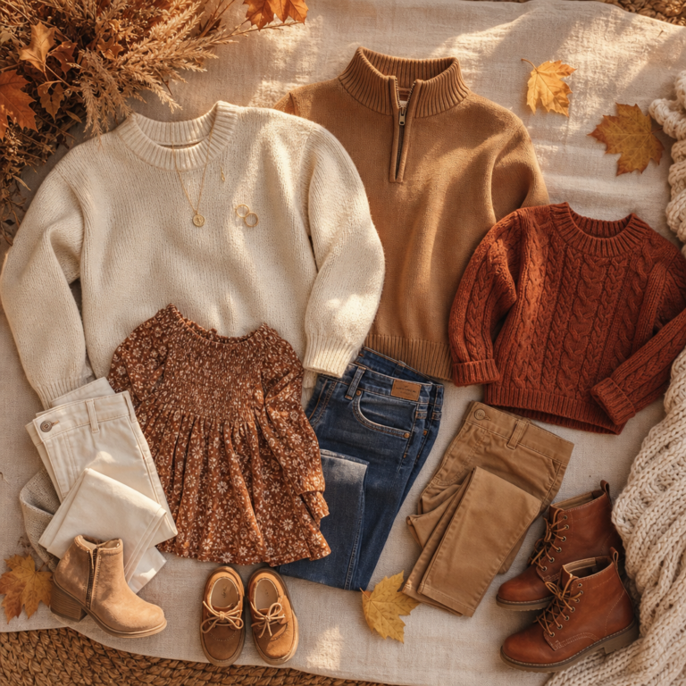 Coordinated neutral fall family photo outfit palette flat lay