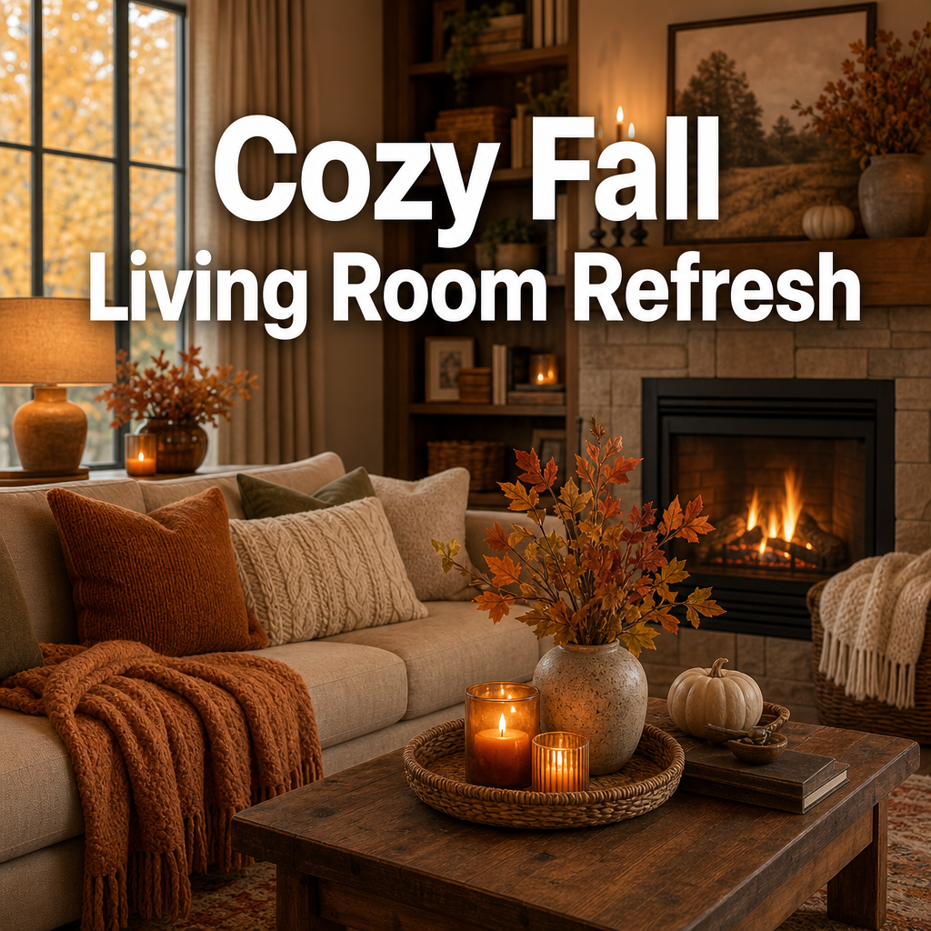 Pinterest pin — Cozy Fall Living Room Refresh on a Budget helloitsheather.com