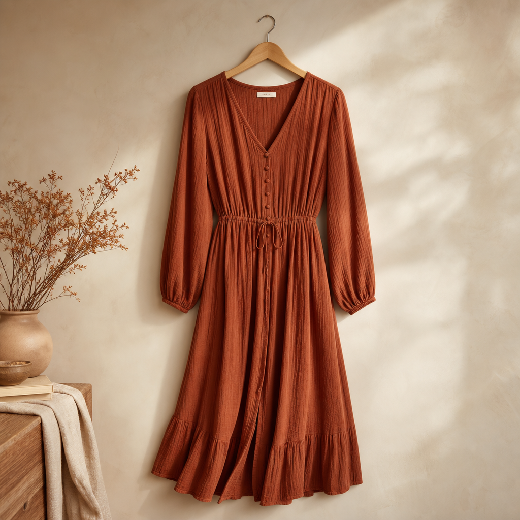 Rust long-sleeve midi dress for fall family photos