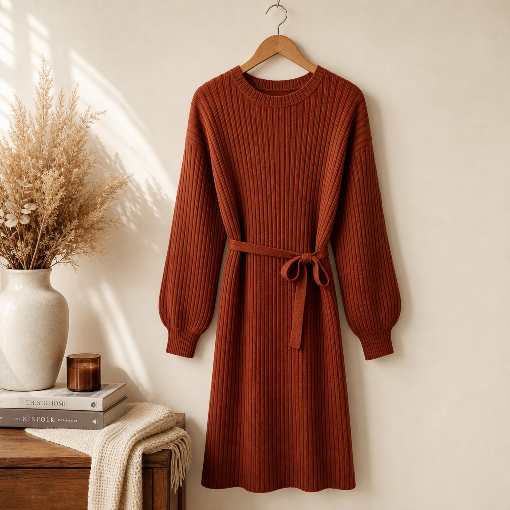 Rust rib-knit sweater dress for fall family photos