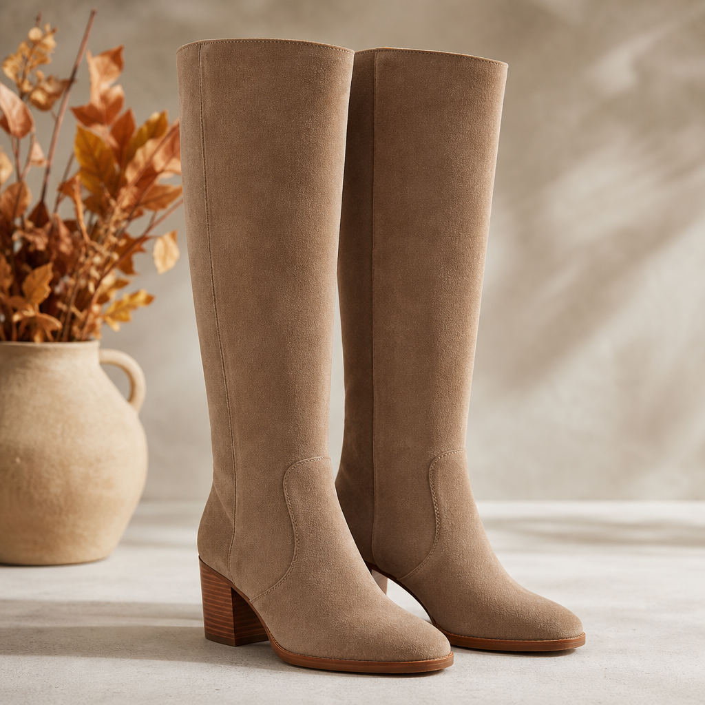 Taupe knee-high boots for fall family photos