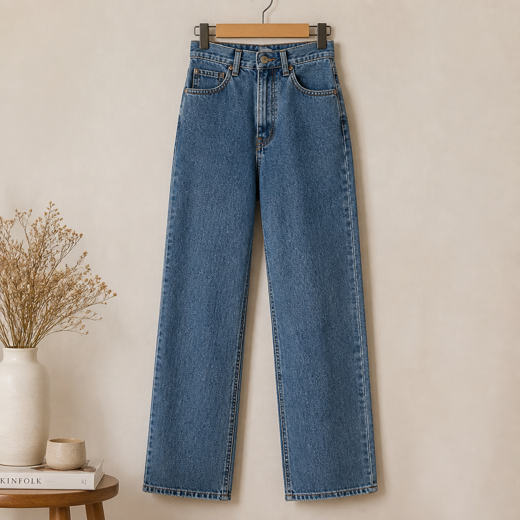 High-waisted straight-leg jeans for fall family photos