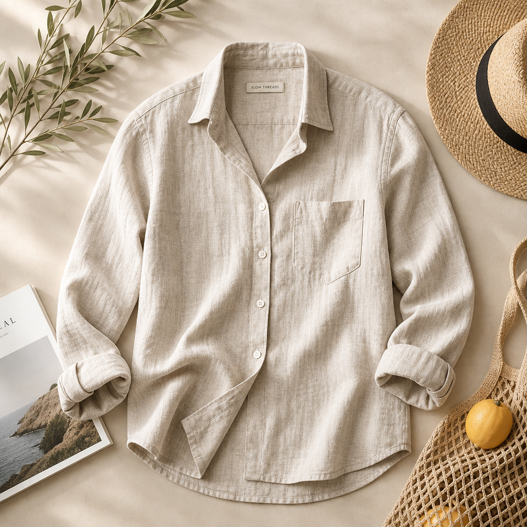 Linen-blend button-down shirt for fall family photos