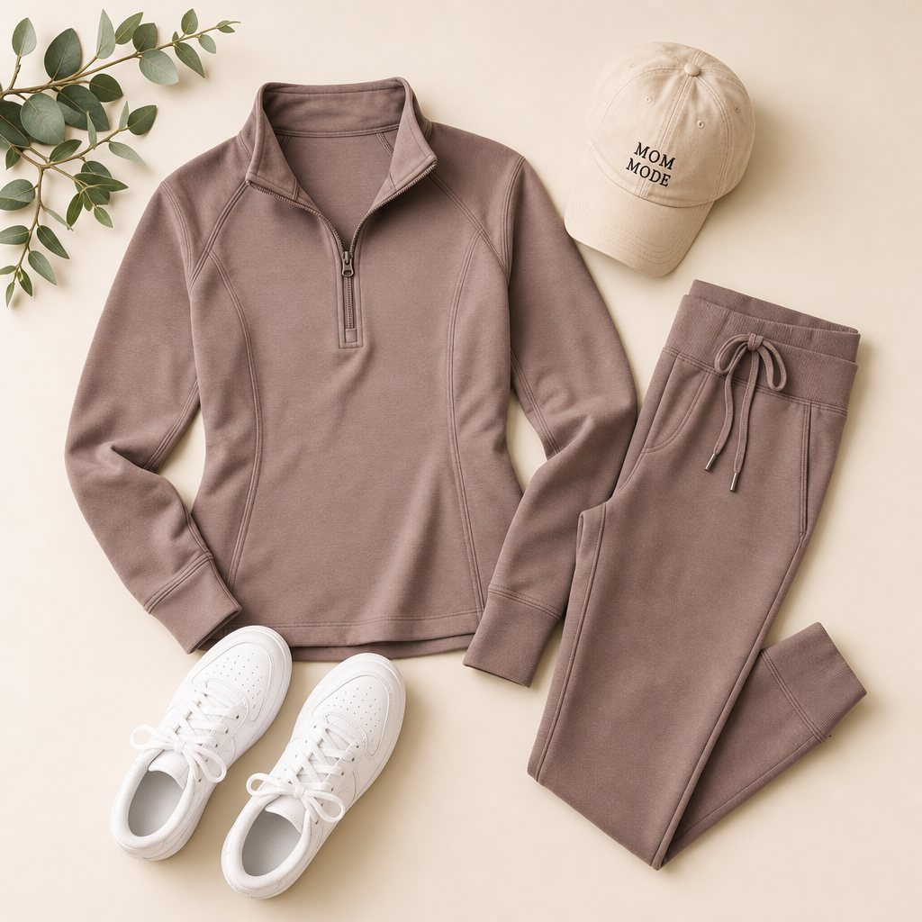 Elevated athleisure mom outfit: quarter-zip pullover, leggings, sneakers