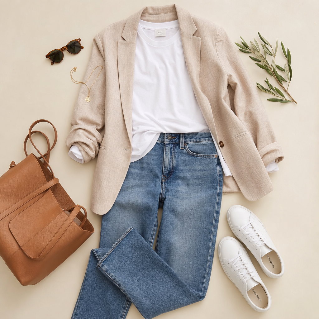 Jeans and blazer mom outfit with white sneakers