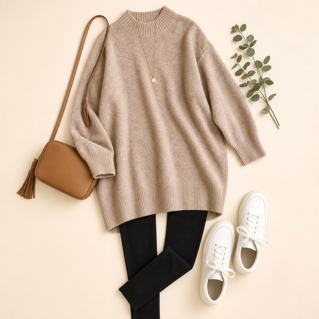 Sweater dress mom outfit with leggings and white sneakers