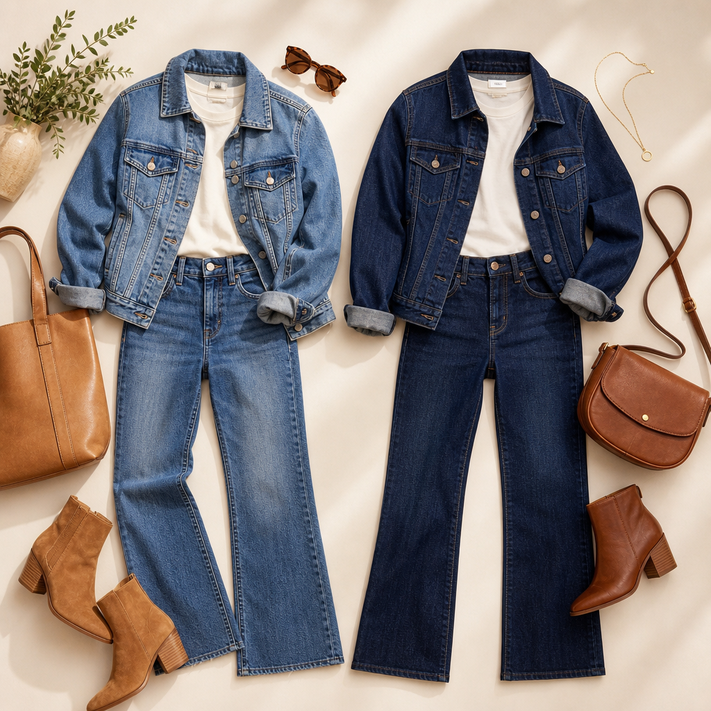 Denim on denim mom outfit with ankle boots