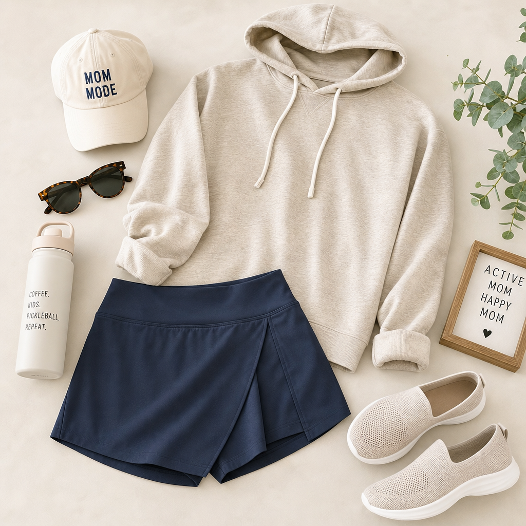 Athletic skort and pullover mom outfit with sneakers