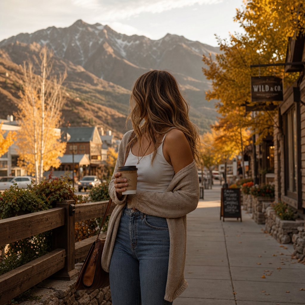 Woman wearing tank top, lightweight cardigan, and jeans outdoors
