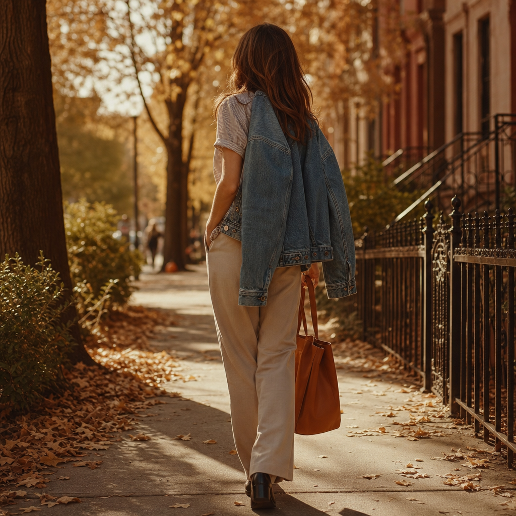 Woman wearing blouse, denim jacket, and trousers outdoors