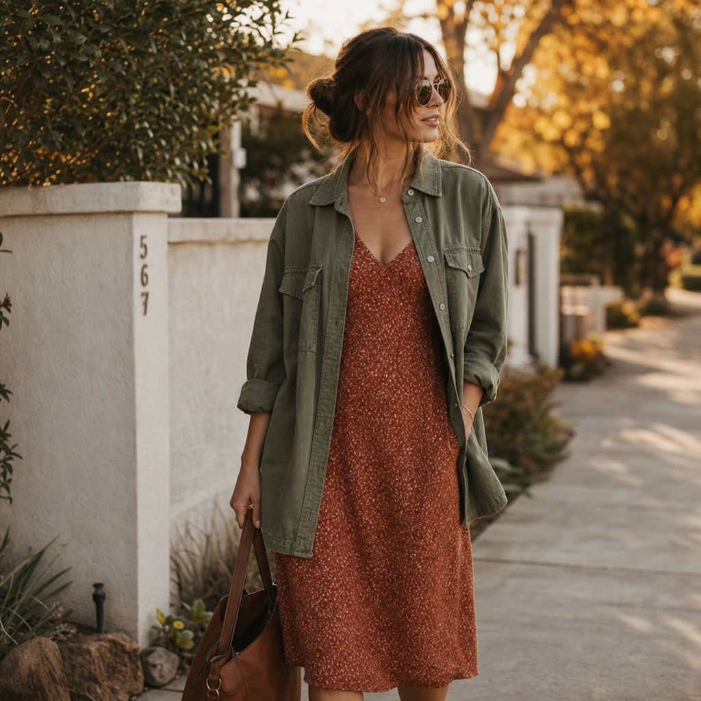Woman wearing sleeveless midi dress with utility overshirt outdoors