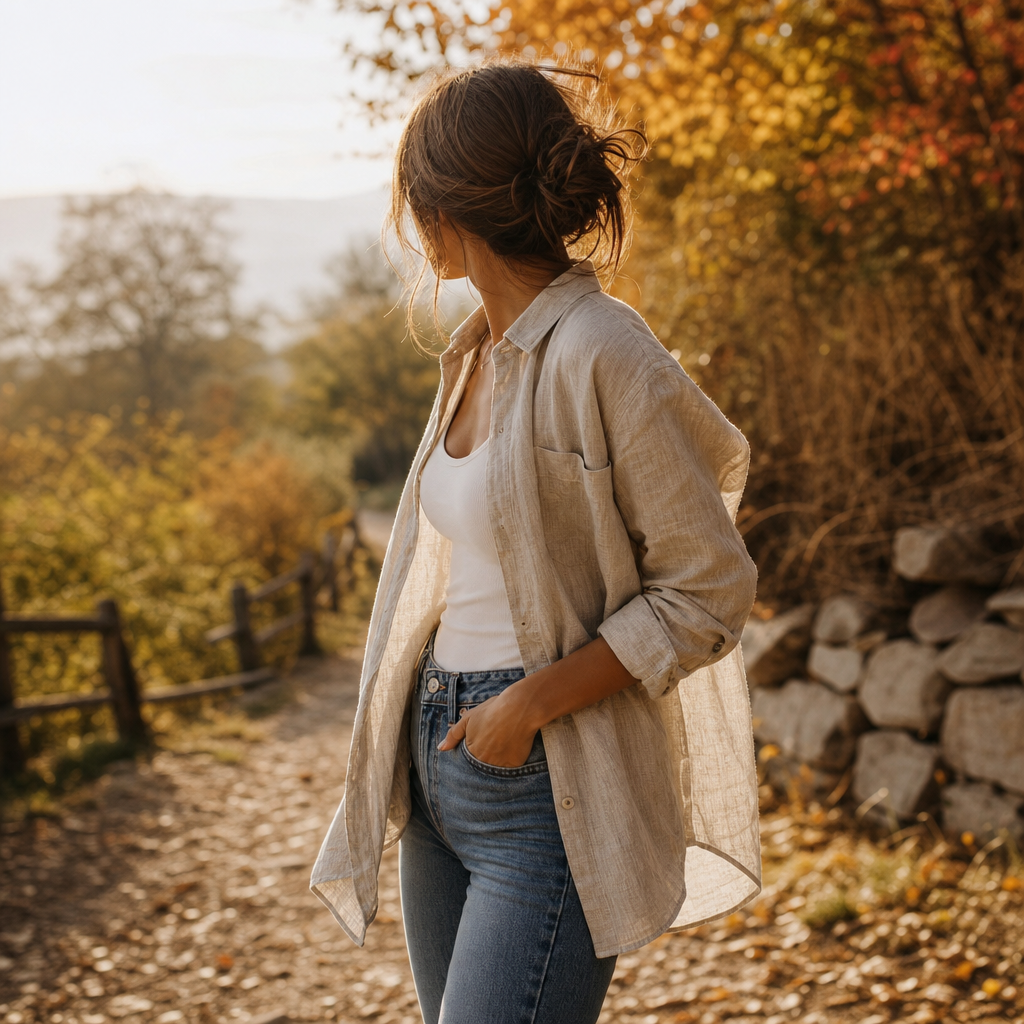 Woman wearing open linen button-down over tank and jeans outdoors