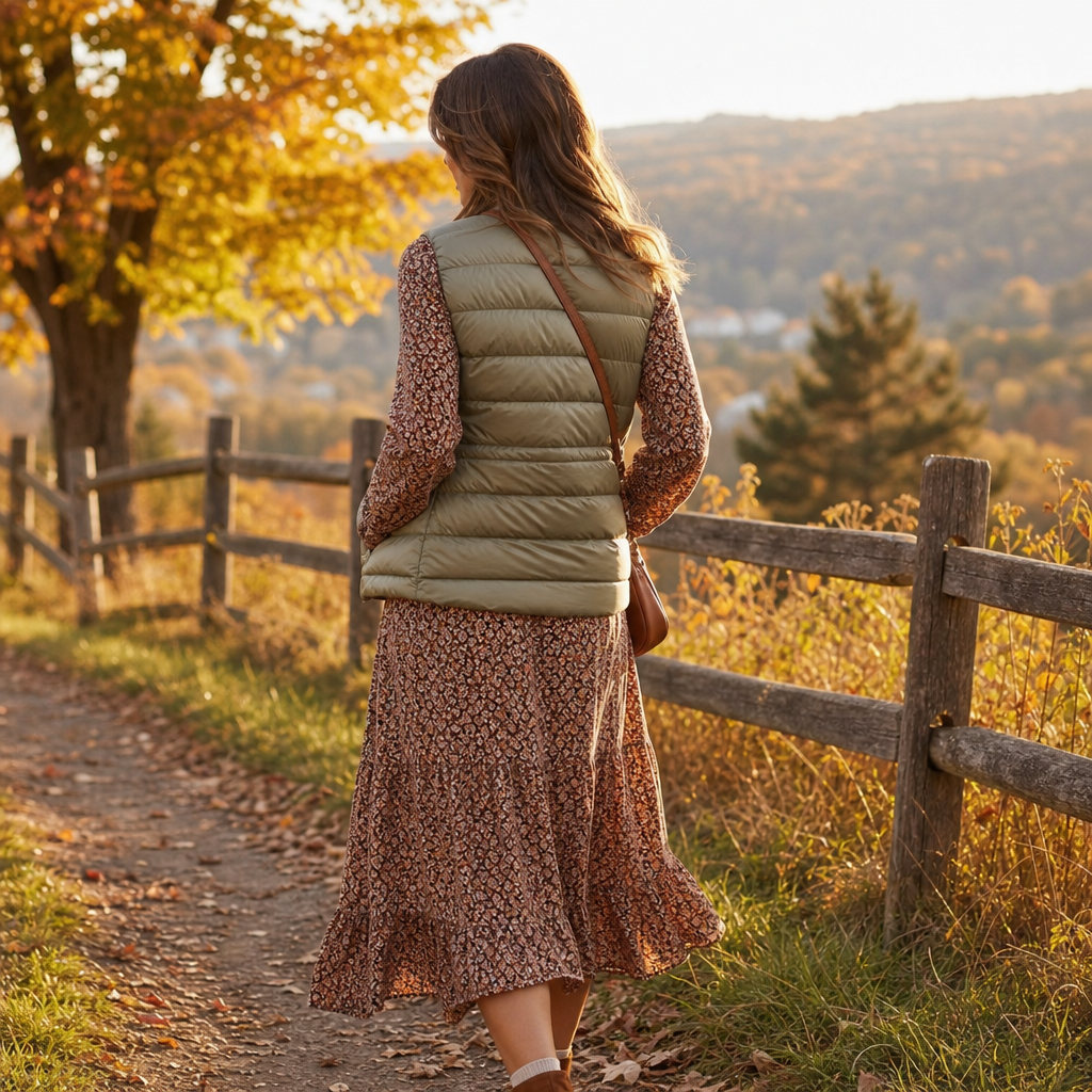 Woman wearing sundress with lightweight puffer vest outdoors