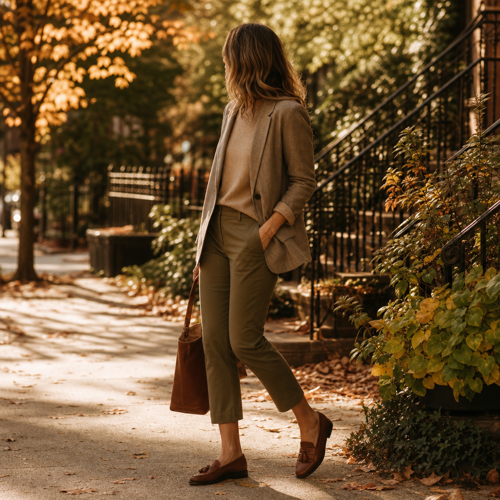 Woman wearing short-sleeve sweater with blazer and cropped pants outdoors