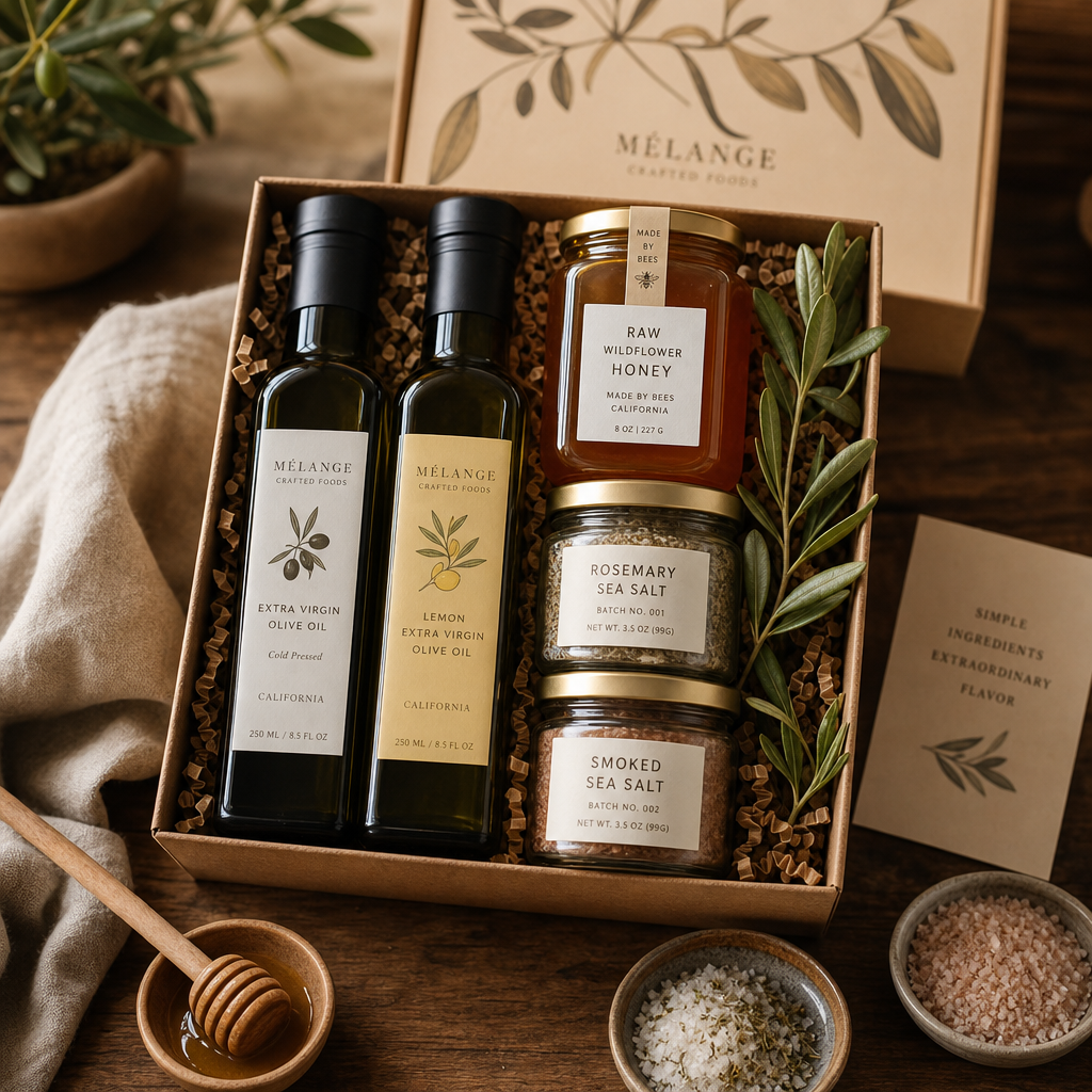 Gourmet pantry gift set with oils, salts, and honey