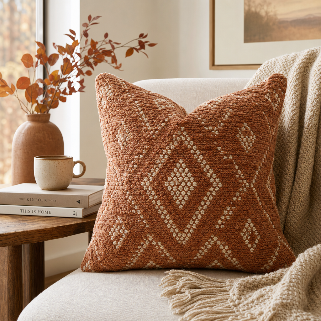 Fall-toned textured throw pillow cover on a chair