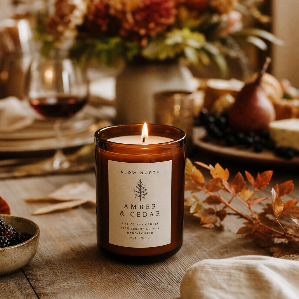 Hand-poured amber and cedar candle burning at a fall table setting