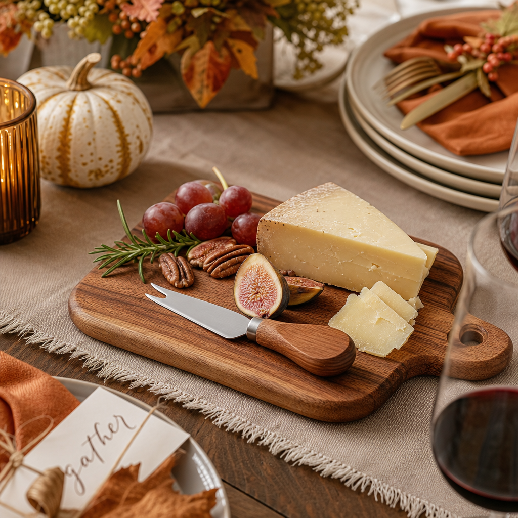 Small acacia wood cheese board styled for a dinner party