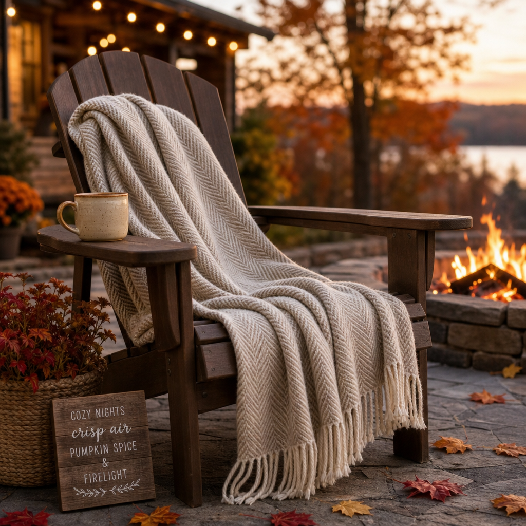Outdoor throw blanket draped over a chair on a fall patio