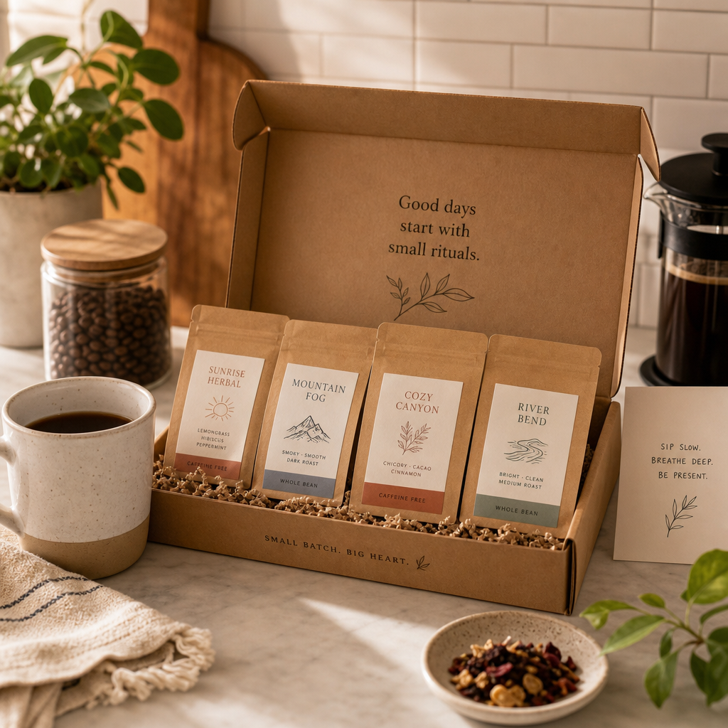 Small-batch coffee sampler gift set styled with a mug
