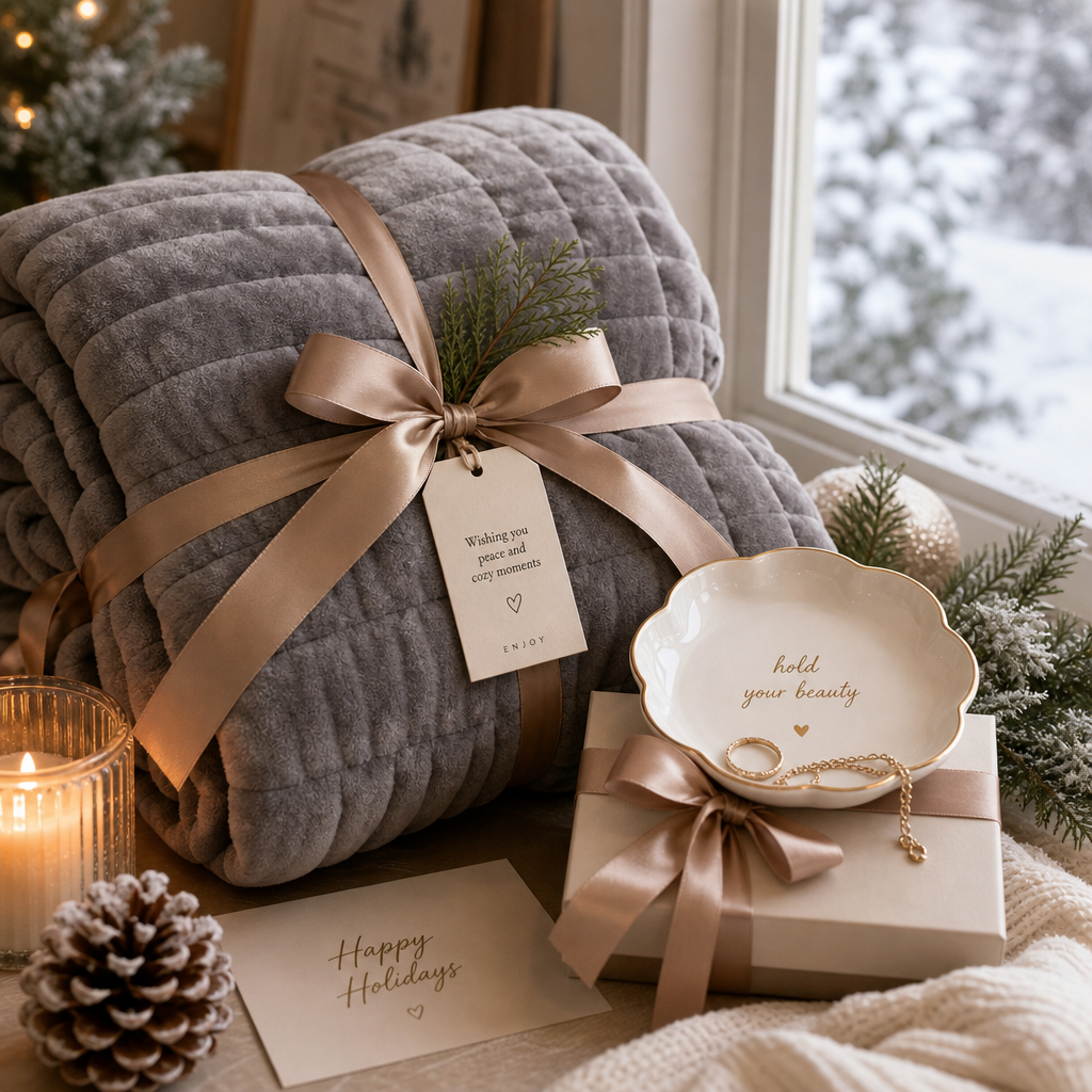 Cozy weighted throw blanket and jewelry dish gift for her