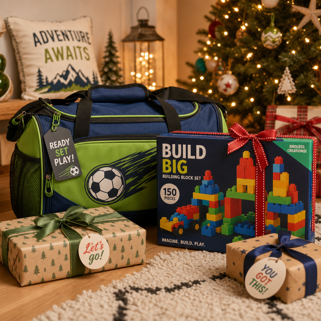 Kids sports gear bag and building set gift