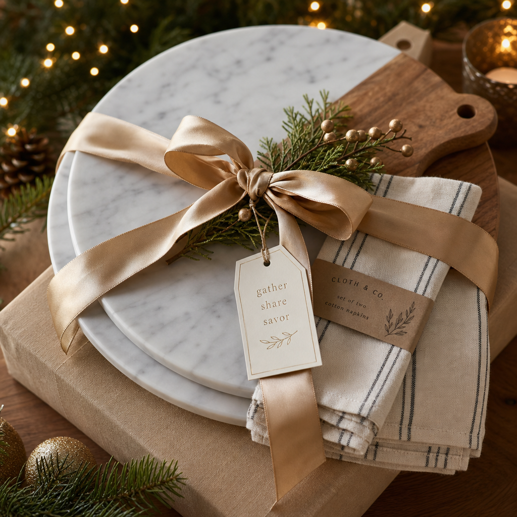 Marble and wood serving board set gift for the host