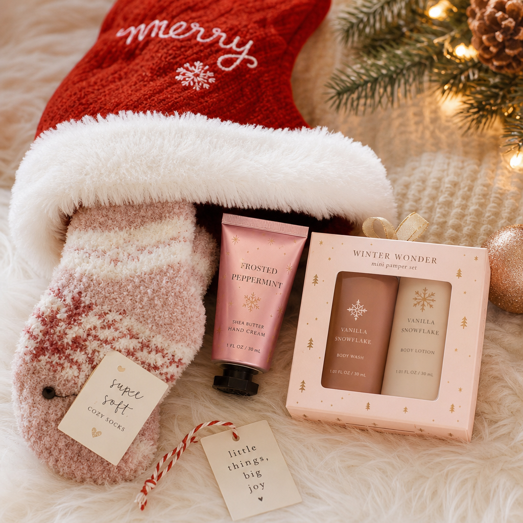 Stocking stuffers under $25 spilling out of a Christmas stocking