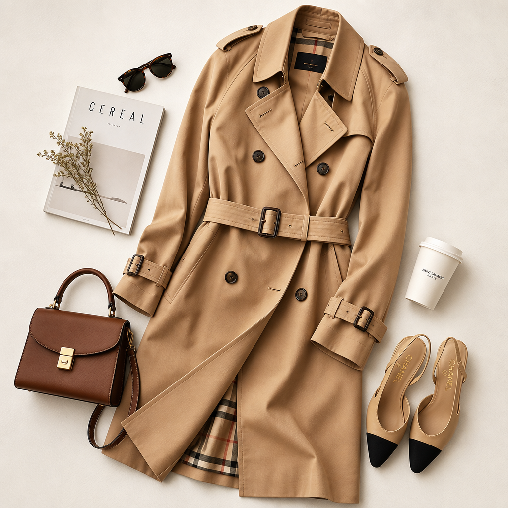 Classic camel trench coat flat lay
