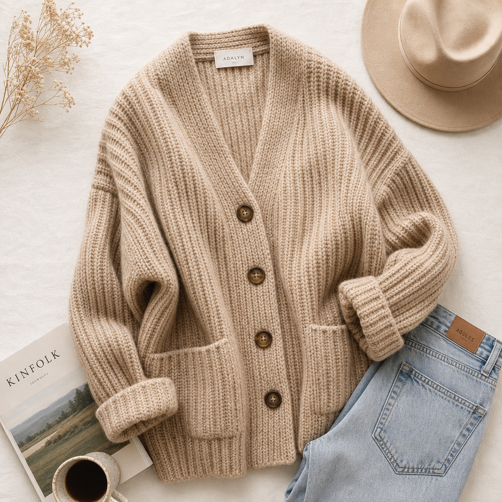 Oversized chunky knit cardigan flat lay