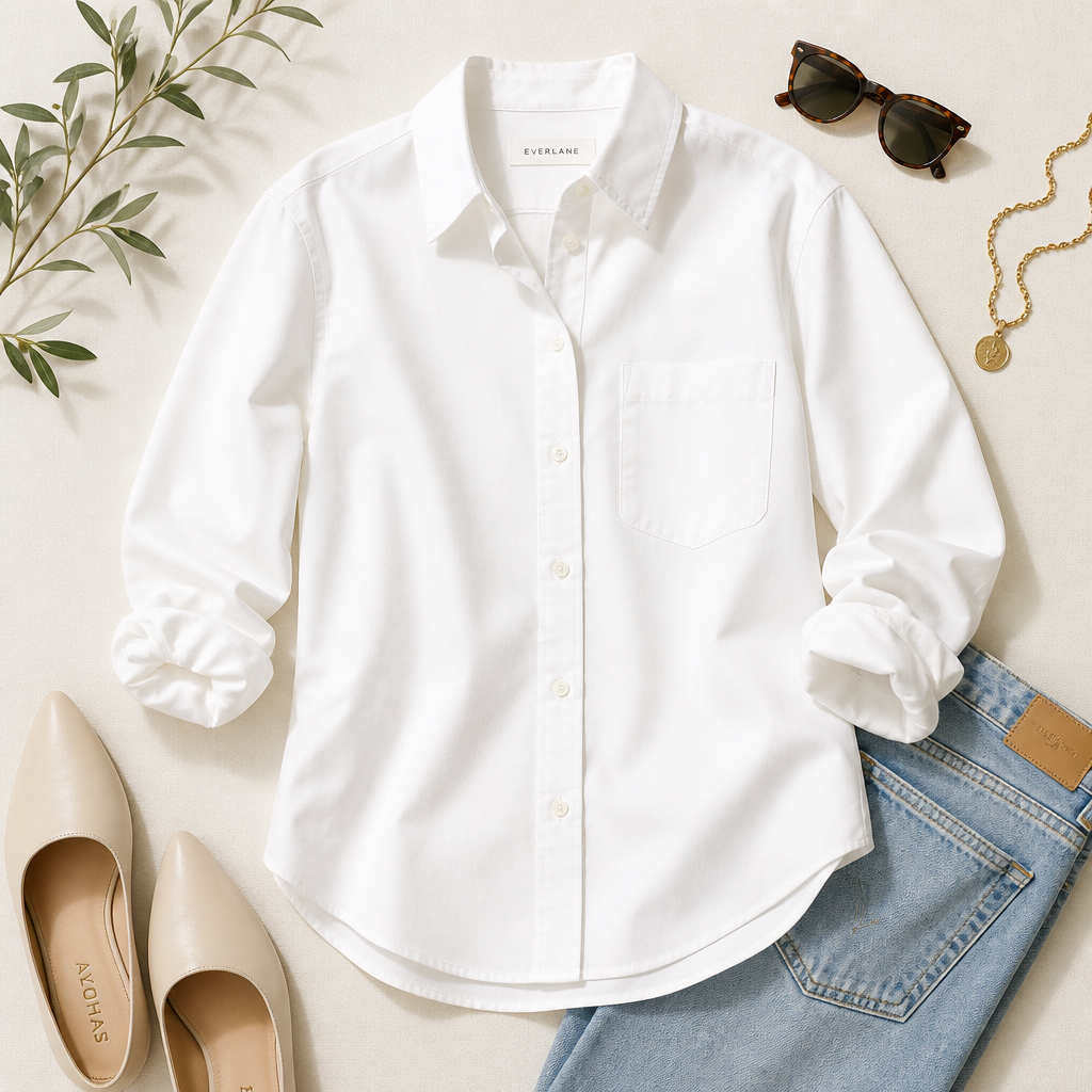 White button-down shirt flat lay