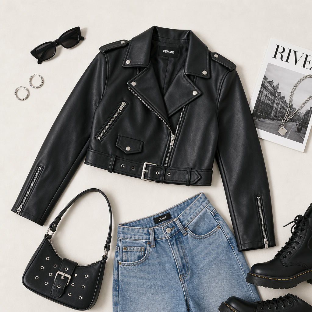 Faux leather moto jacket flat lay