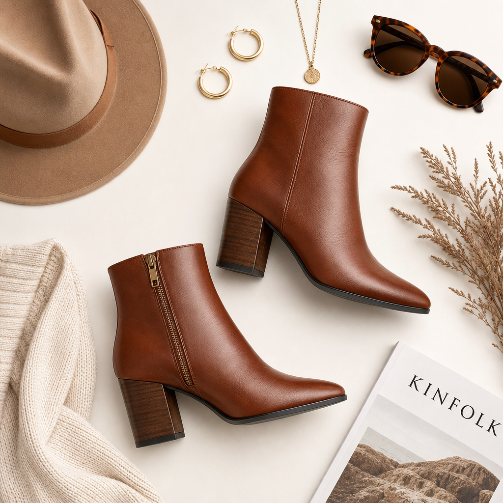 Block heel ankle boots flat lay
