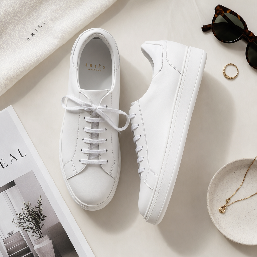 White leather sneakers flat lay